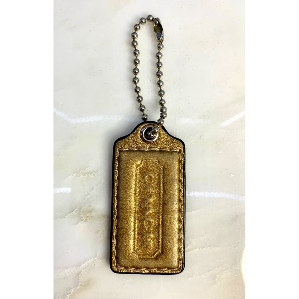 Large Coach Gold Metallic Leather Hangtag Bag Charm 2.5" Purse Charm Keychain